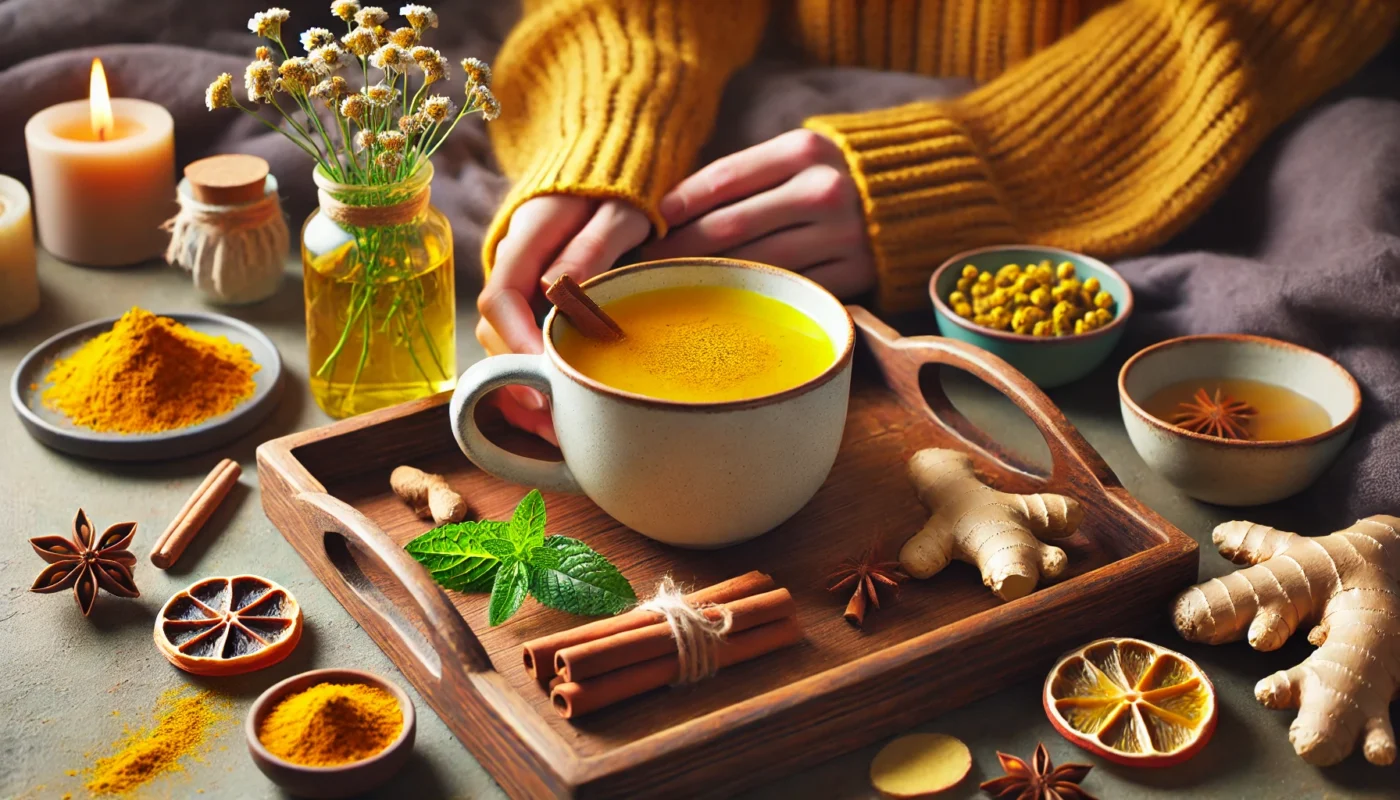 A cozy home setting with a cup of turmeric and ginger tea placed on a wooden tray, surrounded by cinnamon sticks, dried chamomile flowers, and fresh mint leaves. A person’s hand gently holds the cup, exuding warmth and comfort, symbolizing herbal pain relief at home.