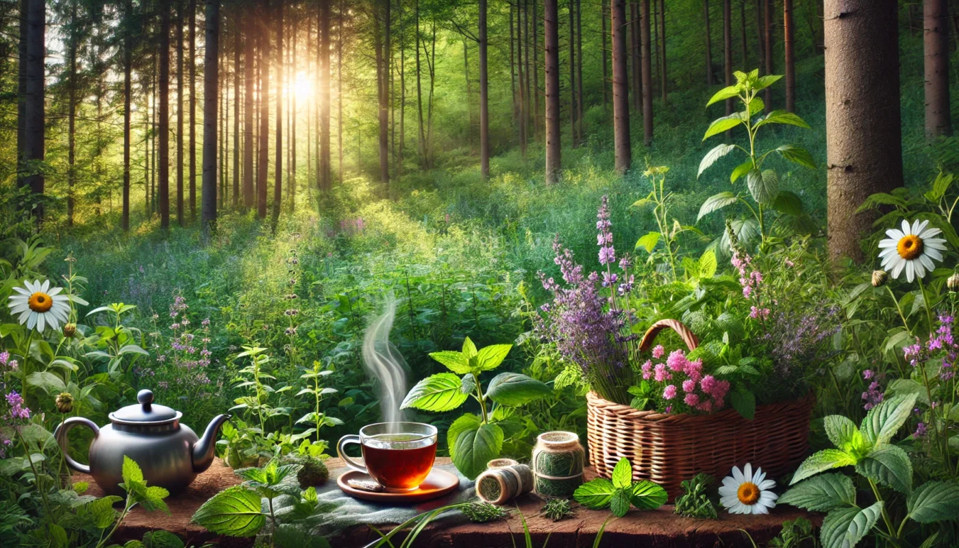 A tranquil forest scene with a small herbal garden in the foreground, growing lavender, peppermint, and arnica. Sunlight filters through the trees as a wooden basket filled with freshly harvested herbs and a steaming cup of herbal infusion symbolize natural pain relief.