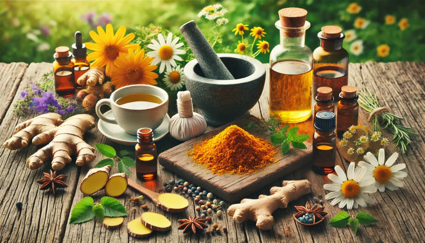 A serene natural setting featuring medicinal herbs like turmeric, ginger, and chamomile on a rustic wooden table. A mortar and pestle with crushed herbs, essential oils in small glass bottles, and a cup of herbal tea emphasize natural pain relief remedies.