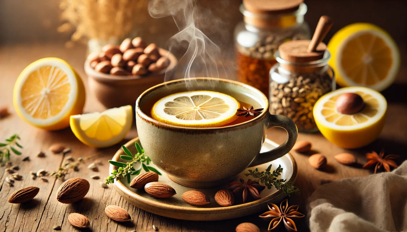 A steaming cup of herbal avocado seed tea with floating lemon slices, placed on a wooden table, highlighting its soothing and anti-inflammatory properties.