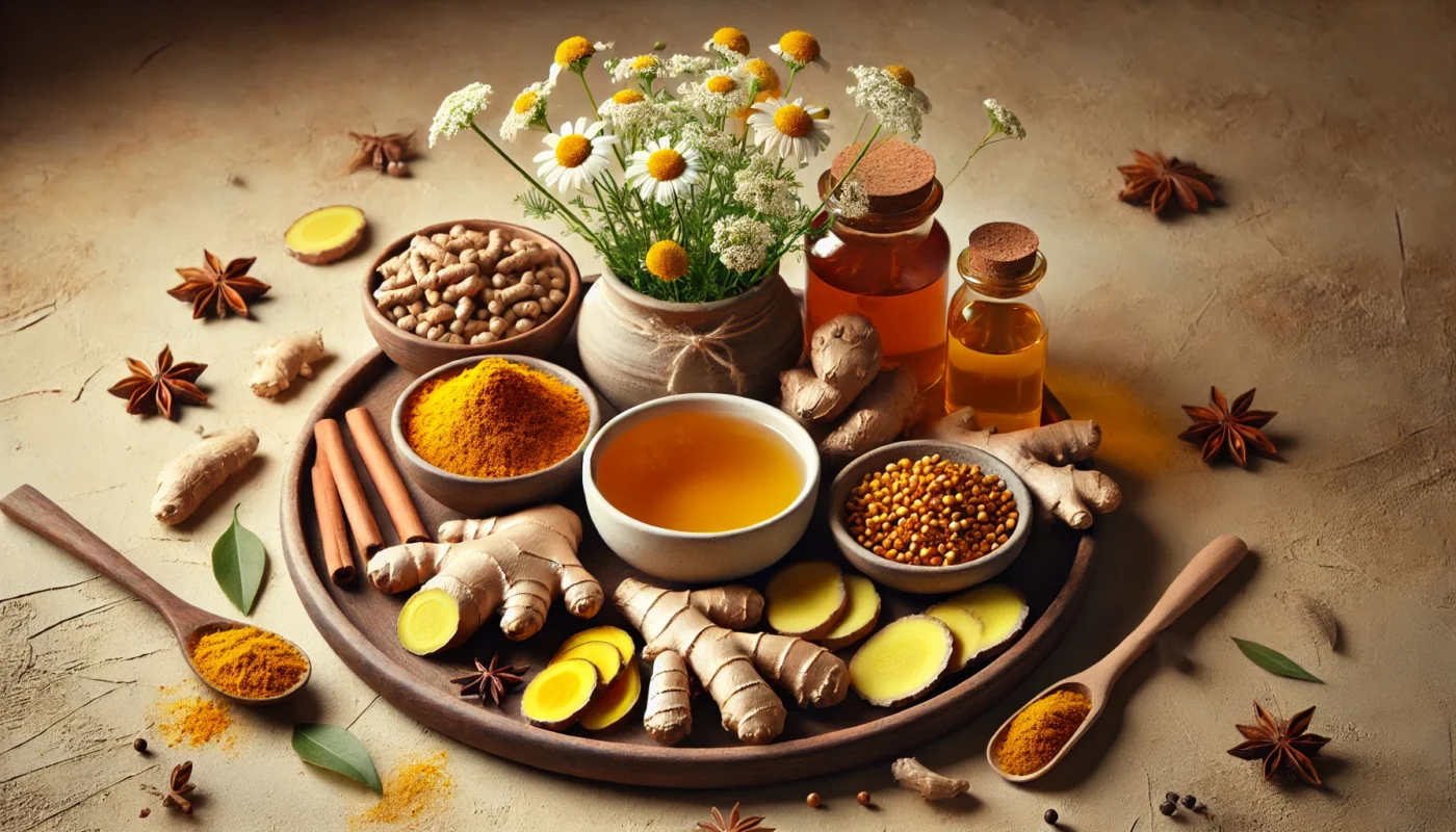 A warm and inviting display of anti-inflammatory herbal remedies, including turmeric, ginger, and chamomile tea, arranged on a neutral background to highlight their soothing digestive benefits.