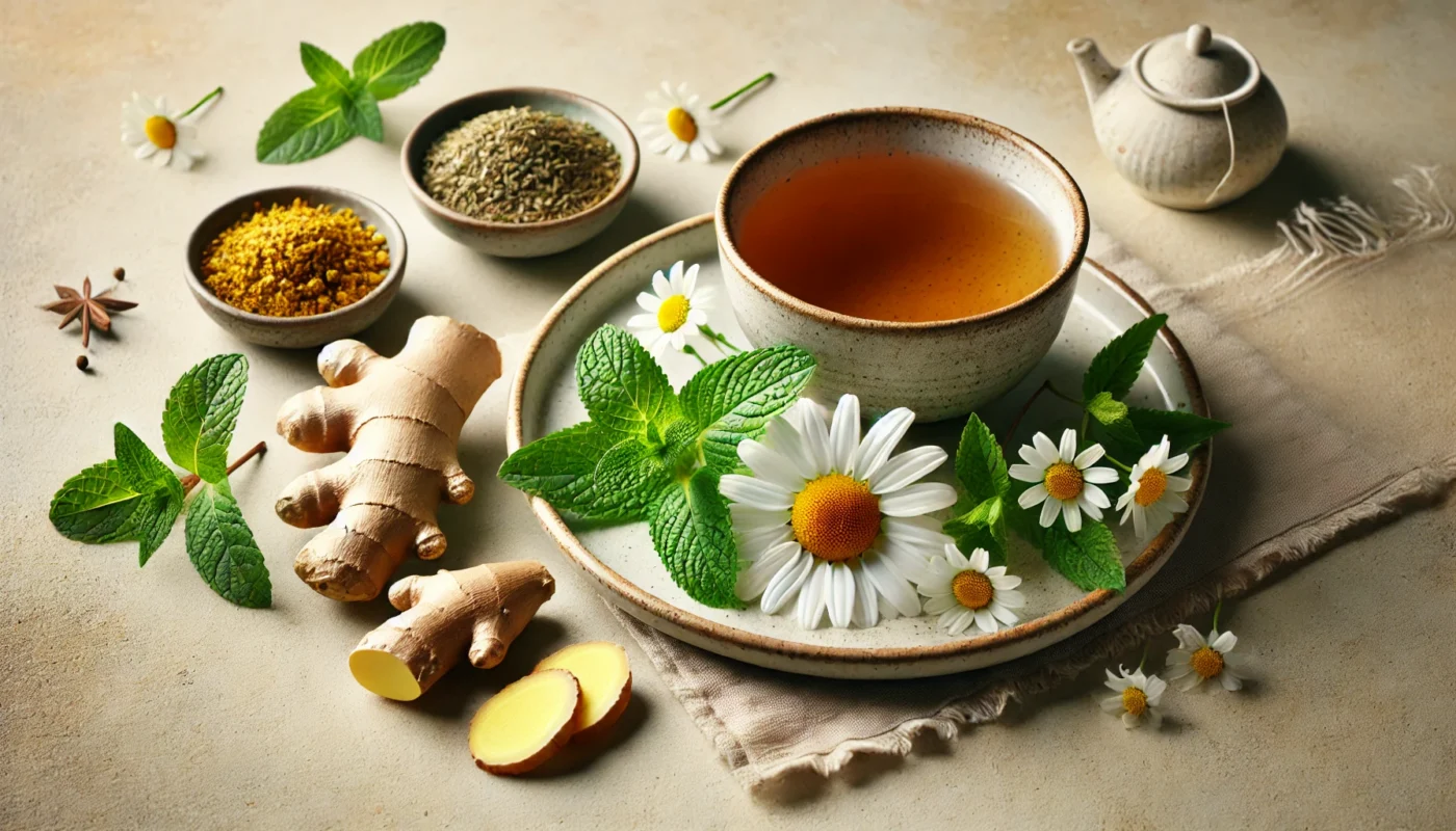 A warm and inviting arrangement of herbal remedies, including chamomile tea, ginger, and peppermint leaves, displayed on a neutral background to emphasize their digestive health benefits.