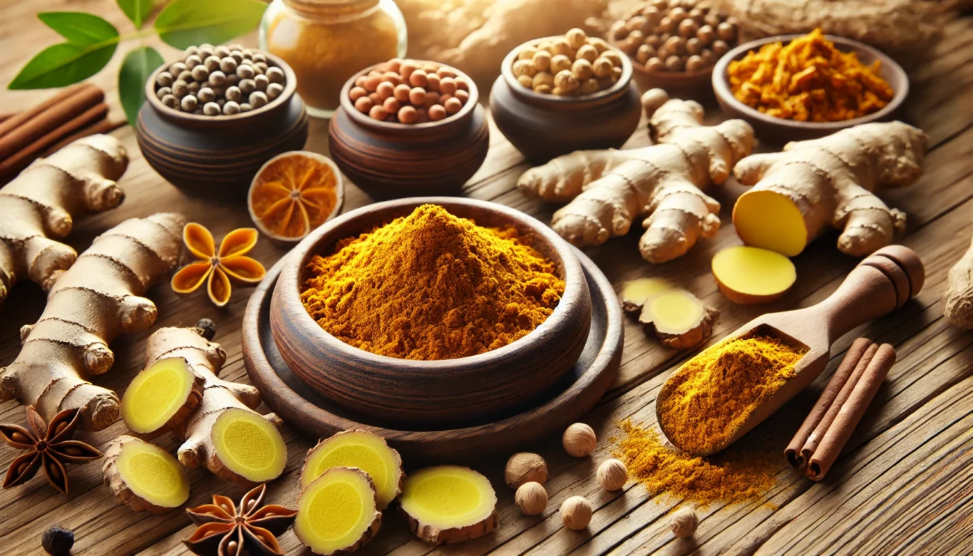 A close-up of natural remedies for joint inflammation, featuring turmeric roots, ginger slices, Boswellia resin, and a wooden bowl of powdered supplements, arranged on a wooden surface with soft lighting to highlight their holistic benefits.