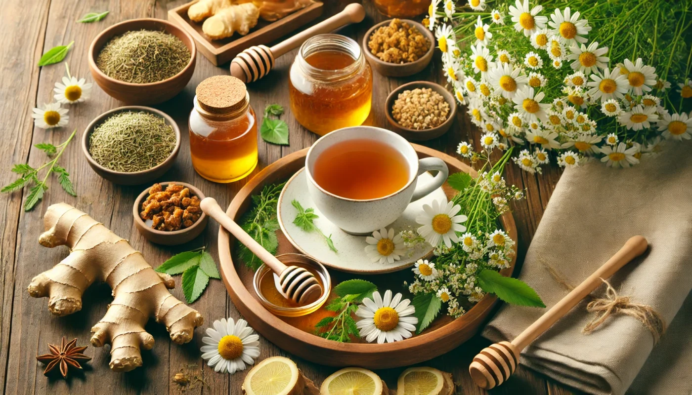 A steaming cup of herbal tea on a wooden tray, surrounded by fresh chamomile flowers, ginger, and honey. The scene exudes warmth and comfort, symbolizing the role of herbal remedies in supporting relaxation and reducing autoimmune fatigue.