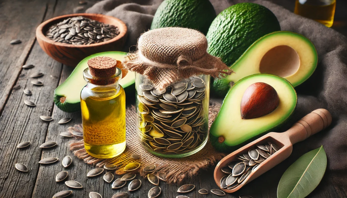 A glass jar of avocado seed tincture, surrounded by fresh avocado slices and dried avocado seeds, set against a rustic background, showcasing its holistic health benefits.