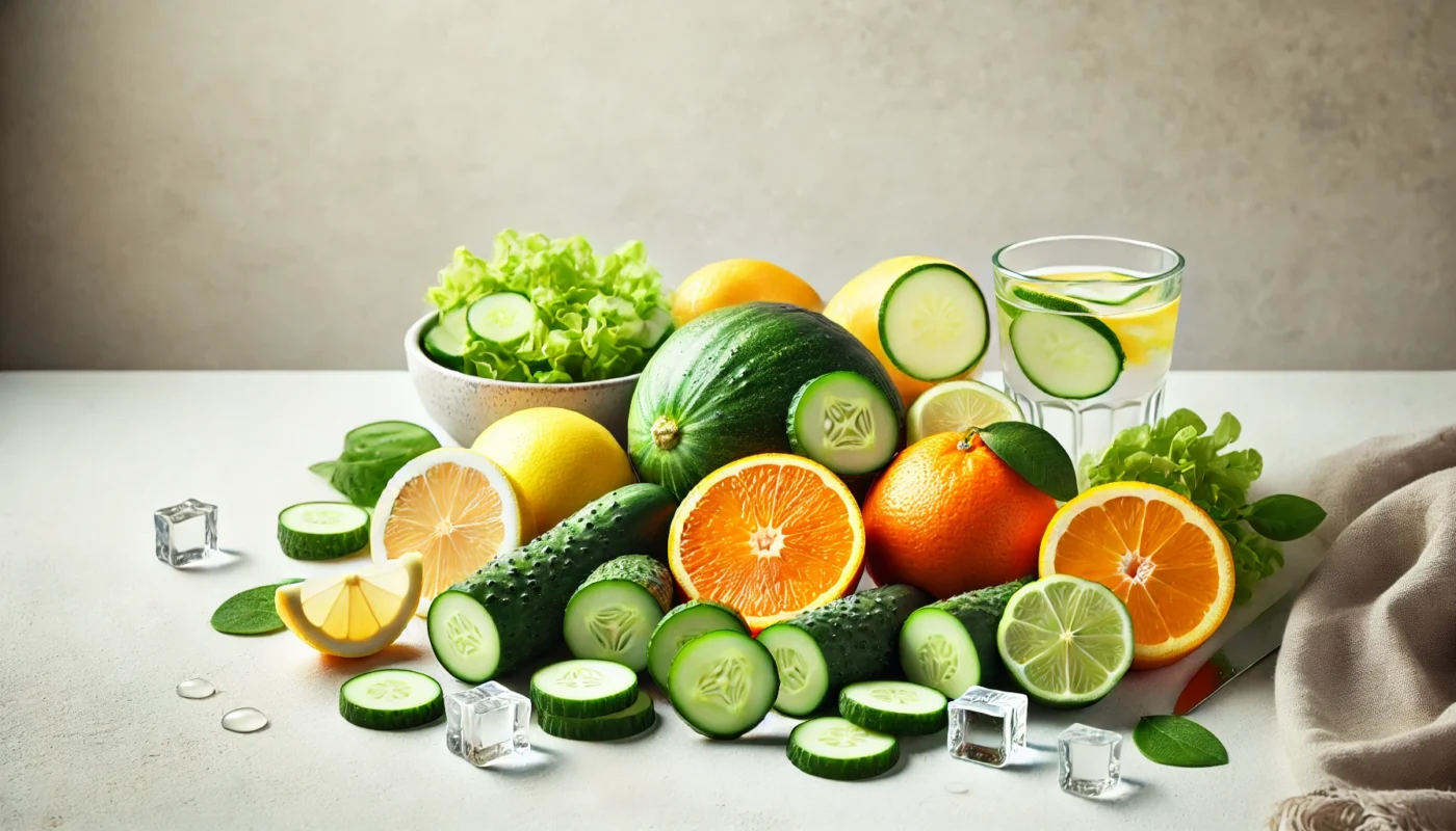 A fresh and hydrating arrangement of cucumbers and citrus fruits, displayed on a clean, neutral background to emphasize their natural diuretic properties and nutritional benefits.