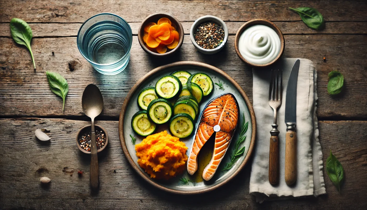 A top-down view of an IBD-friendly meal featuring grilled salmon, mashed sweet potatoes, and steamed zucchini, accompanied by a small bowl of probiotic-rich yogurt. A glass of water sits beside the meal, emphasizing hydration. Soft natural lighting highlights the fresh, gentle ingredients that support digestive health and reduce inflammation.