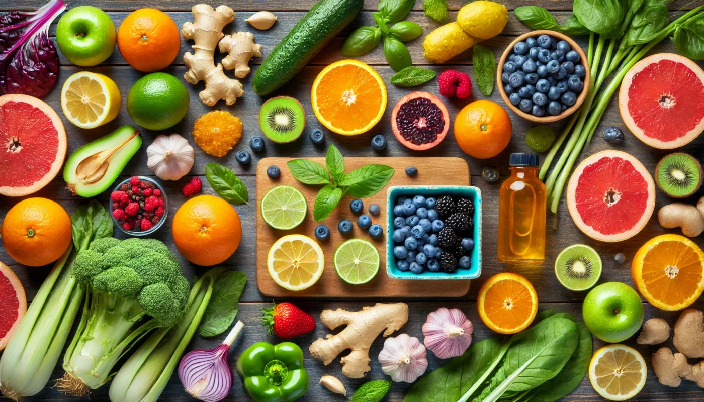 A vibrant top-down view of immune-boosting foods, including citrus fruits, garlic, ginger, berries, and leafy greens, arranged on a wooden table to highlight their nutritional benefits for strengthening immunity.