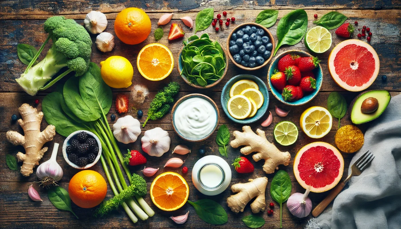 A vibrant top-down view of immune-boosting foods, including citrus fruits, garlic, ginger, leafy greens, yogurt, and berries, arranged on a rustic wooden table to highlight their role in strengthening the immune system.