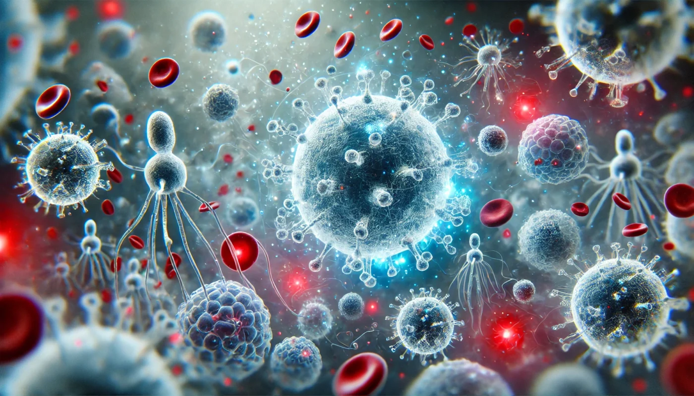 Illustration of the human immune system in action, showing white blood cells targeting pathogens with glowing immune responses. Concept for 'do immune supplements work' research.