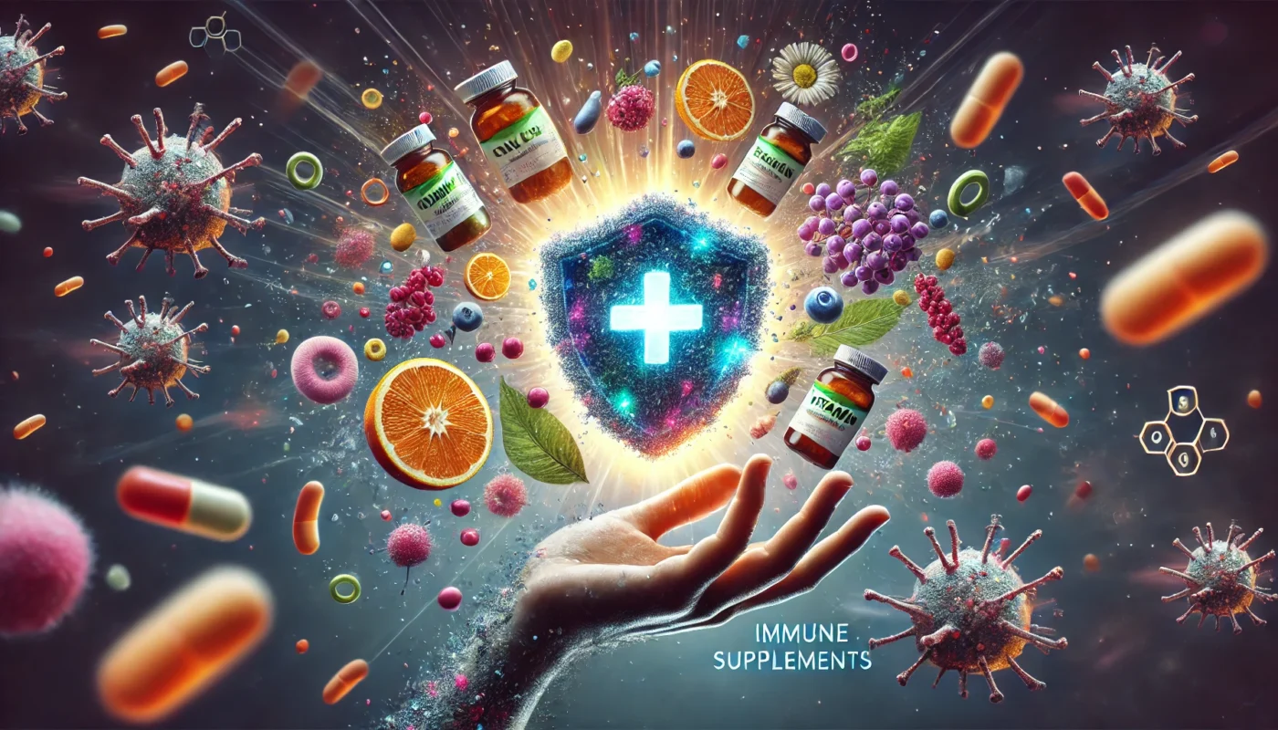 Conceptual artwork depicting a hand holding a glowing shield made of vitamins and minerals, repelling pathogens to symbolize the effectiveness of immune supplements.