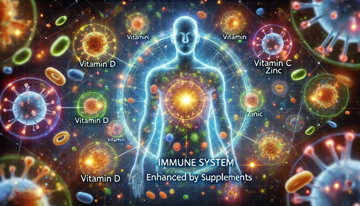 Futuristic visualization of a glowing human figure surrounded by immune cells and floating vitamin molecules, representing scientific advancements in immune support.