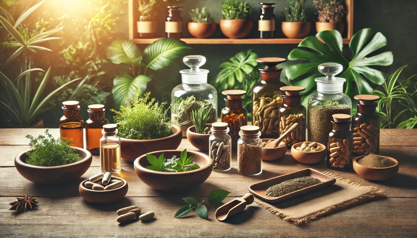 A serene herbal apothecary with wooden bowls and glass jars filled with natural herbs and supplements. Soft warm light enhances the setting, with lush green plants in the background, evoking a sense of holistic healing.