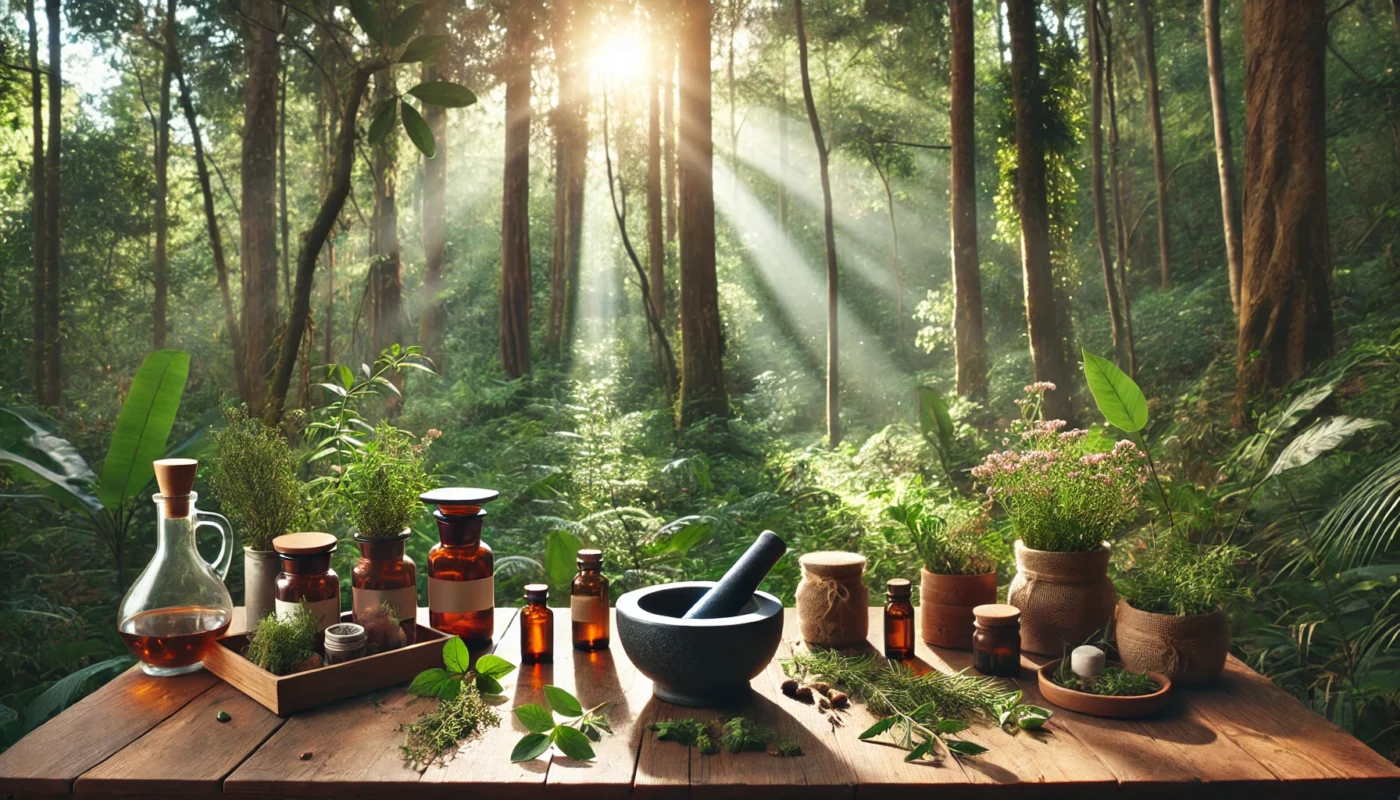 A tranquil forest scene featuring a wooden table set amidst nature, adorned with medicinal herbs, essential oils, and a mortar and pestle. Sunlight filtering through dense trees creates a peaceful ambiance, symbolizing natural healing.