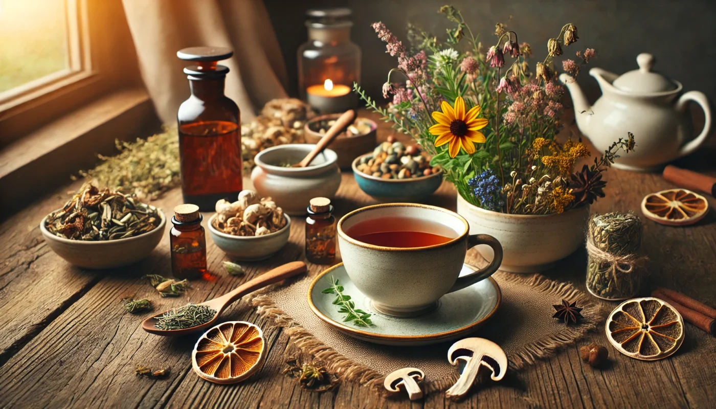 A cozy home setting with a cup of herbal tea surrounded by dried flowers, medicinal mushrooms, and natural supplements on a rustic wooden table. The atmosphere promotes relaxation, holistic health, and organic pain relief.