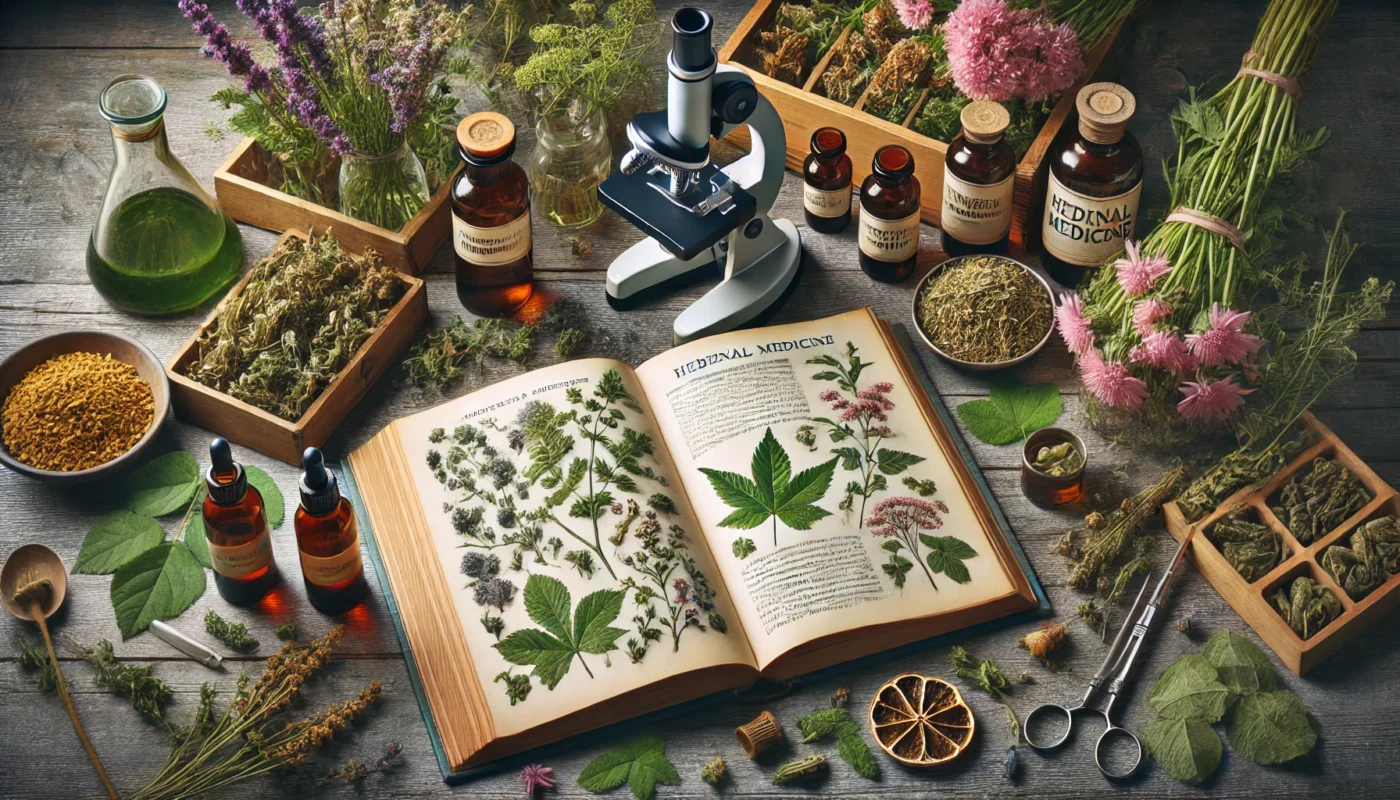 A botanical research setup featuring an open book on herbal medicine, fresh and dried medicinal plants, tinctures, and a microscope. The scene reflects a scientific yet natural approach to discovering pharmaceutical alternatives.