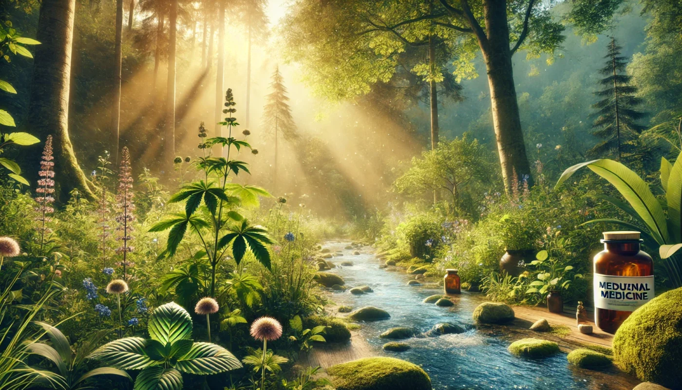 A tranquil forest with medicinal plants growing near a clear stream under soft morning light, symbolizing natural remedies for fibromyalgia relief and the healing power of nature.