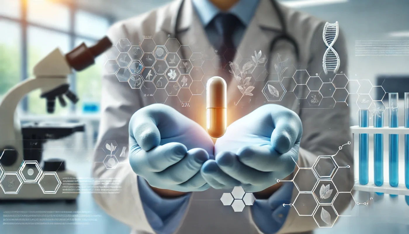 A close-up of a scientist’s gloved hands holding a newly developed fibromyalgia medication capsule, with a softly blurred research laboratory in the background, highlighting scientific advancement in treatment.

