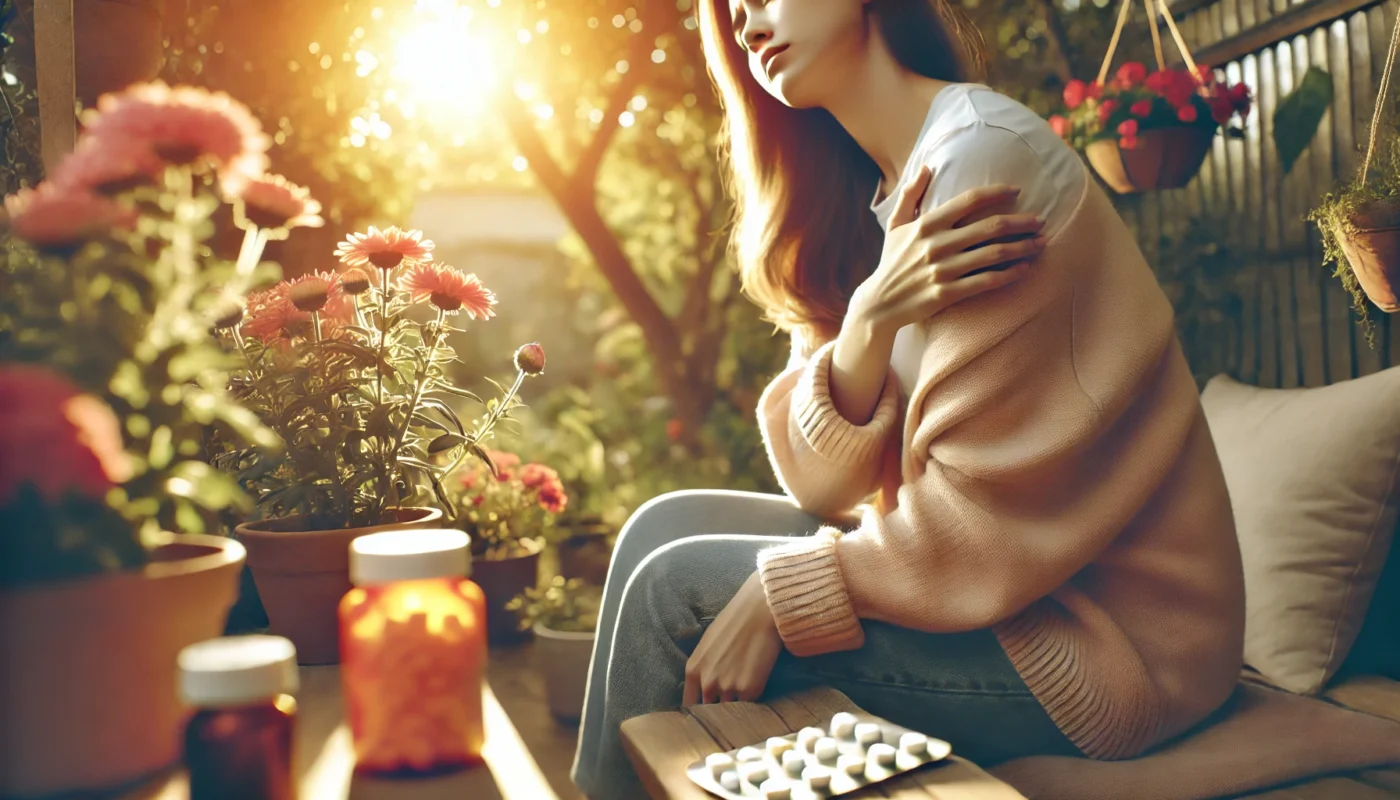 A person experiencing relief from fibromyalgia pain after taking medication, sitting peacefully in a sunlit garden, with warm, soft tones emphasizing relaxation and healing.