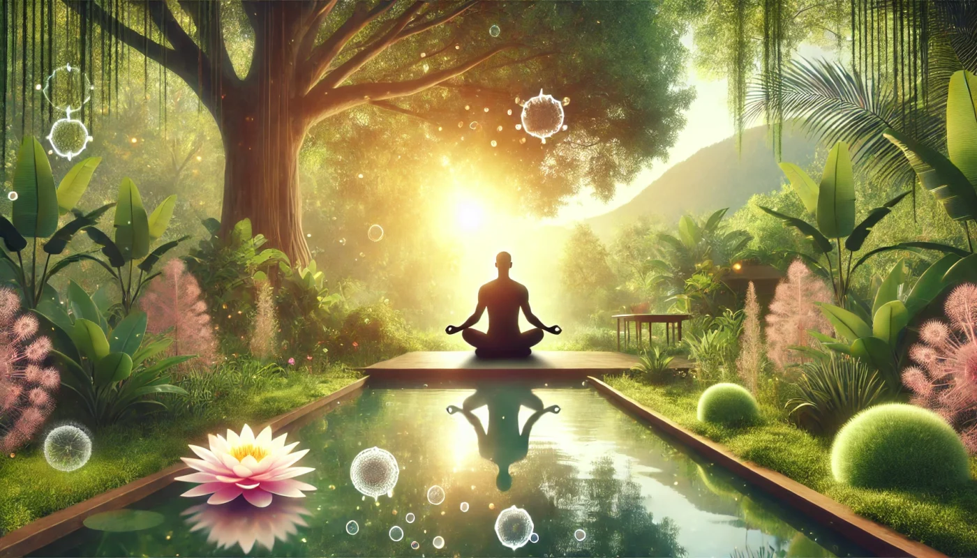 A tranquil outdoor setting with a person practicing meditation near lush greenery and a calm body of water. Soft sunlight filters through the trees, emphasizing the connection between mindfulness, stress management, and inflammation reduction.