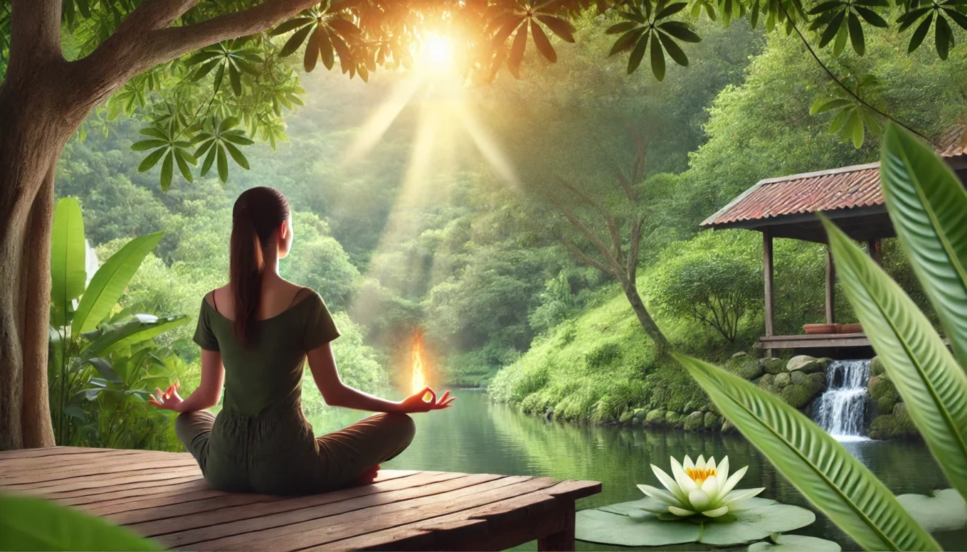 A serene outdoor scene featuring a person meditating in a peaceful setting with soft sunlight, lush greenery, and a calm body of water. The image highlights the role of mindfulness and stress reduction in balancing inflammation and promoting healthy skin.