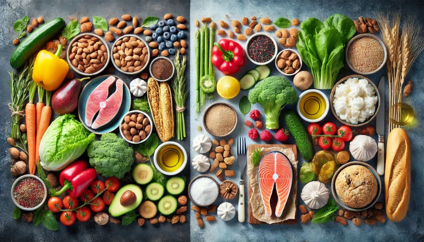 A contrasting display of foods to include and avoid on a Mediterranean diet. On one side, fresh vegetables, nuts, whole grains, fish, and olive oil; on the other, processed meats, sugary pastries, and refined grains. The clean, modern aesthetic emphasizes health-conscious choices.