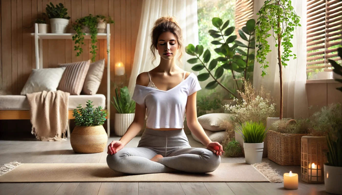 A woman practicing mindfulness meditation in a peaceful, nature-inspired setting. She is seated cross-legged on a yoga mat in a softly lit room, surrounded by calming natural elements, promoting stress relief and energy restoration for autoimmune fatigue.