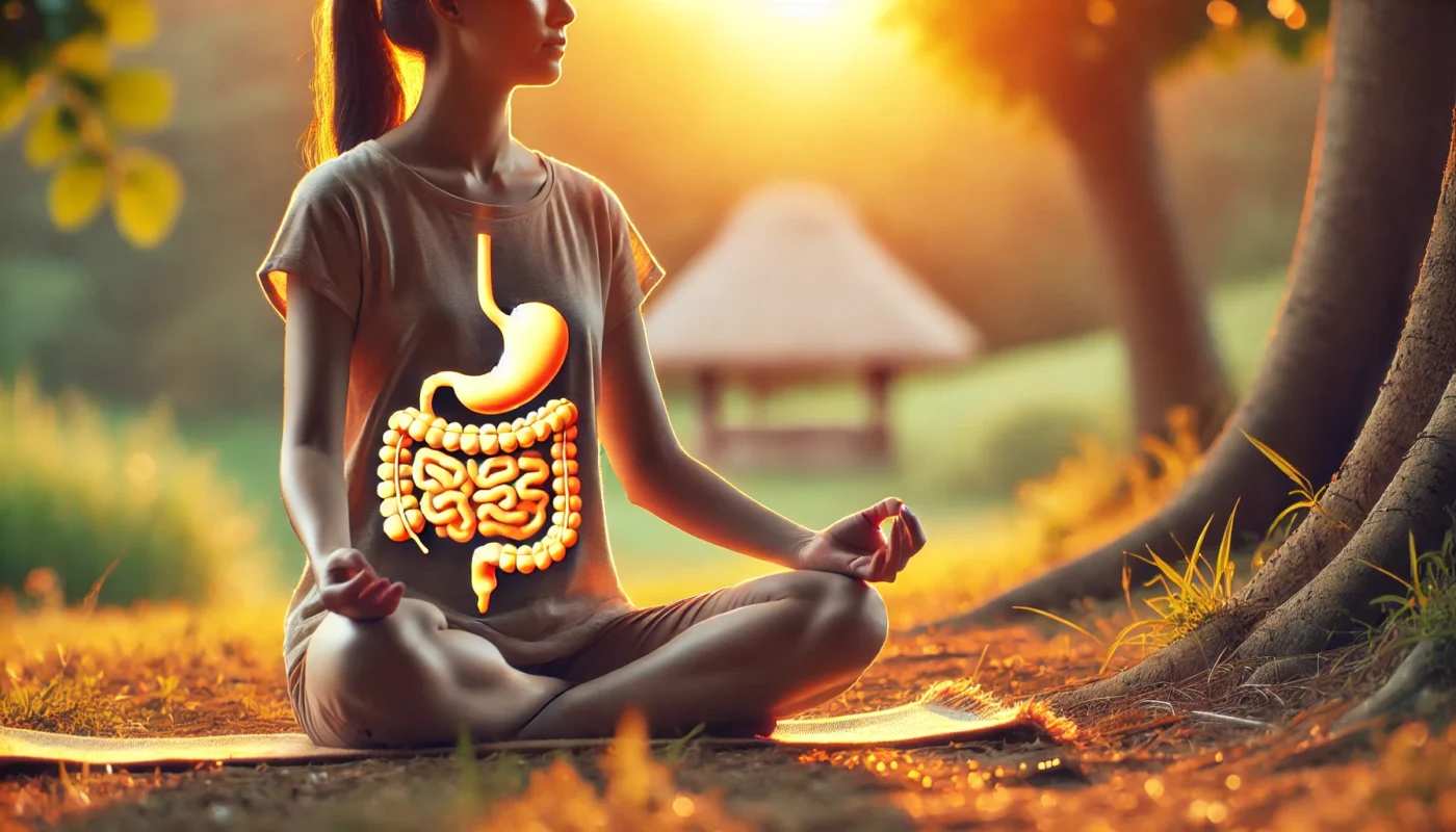 A serene image of a person practicing mindfulness meditation in a natural outdoor setting, with warm, golden lighting emphasizing relaxation, stress relief, and its positive impact on digestive health.