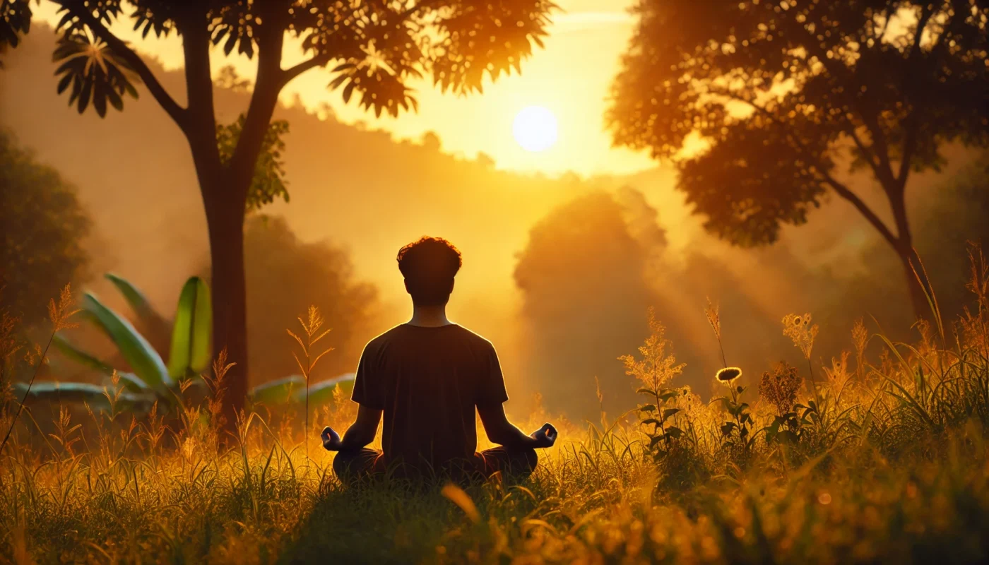 A tranquil scene of a person meditating outdoors at sunrise, surrounded by nature, highlighting the role of stress management and mindfulness in supporting immune health and well-being.