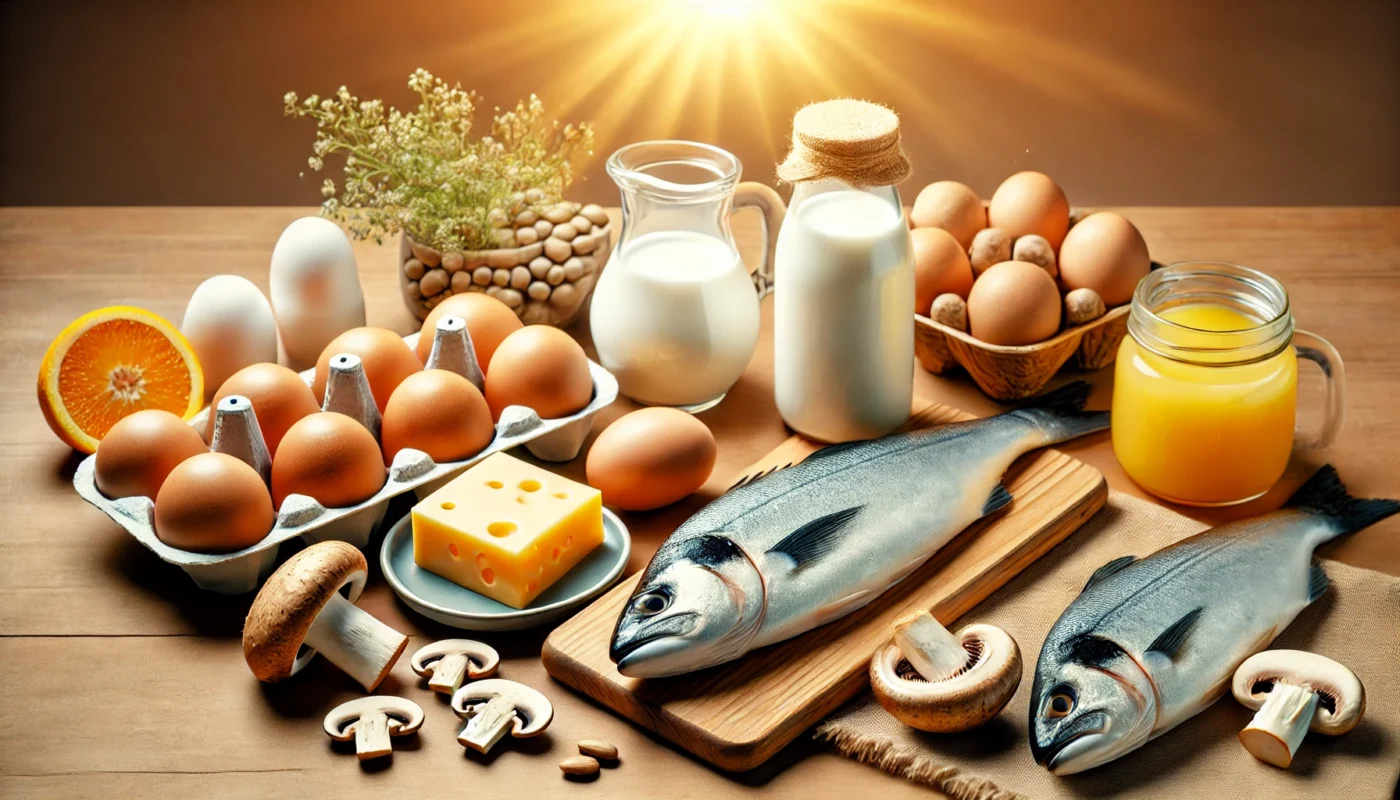 A warm and inviting display of Vitamin D-rich foods, including eggs, dairy products, fatty fish, and mushrooms, carefully arranged on a wooden surface to highlight their nutritional value.