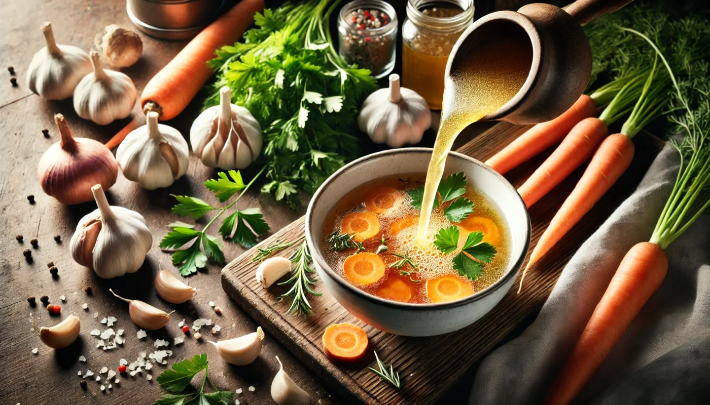 A visually inviting scene of bone broth being poured into a bowl, surrounded by fresh ingredients like garlic, onions, carrots, and herbs, highlighting its gut-healing benefits in a rustic kitchen setting.