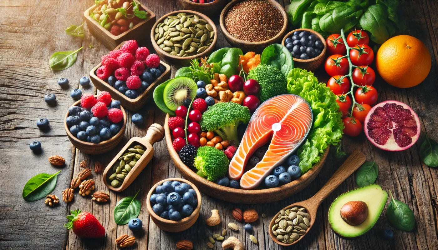 A colorful and appetizing meal featuring salmon, fresh berries, leafy greens, nuts, and seeds, beautifully arranged on a rustic wooden table, highlighting foods known for reducing joint inflammation.