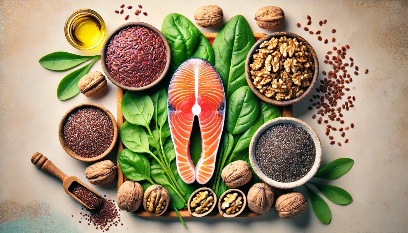 A vibrant arrangement of Omega-3-rich foods, including fresh salmon, walnuts, flaxseeds, and chia seeds, displayed on a neutral background to emphasize their nutritional benefits.