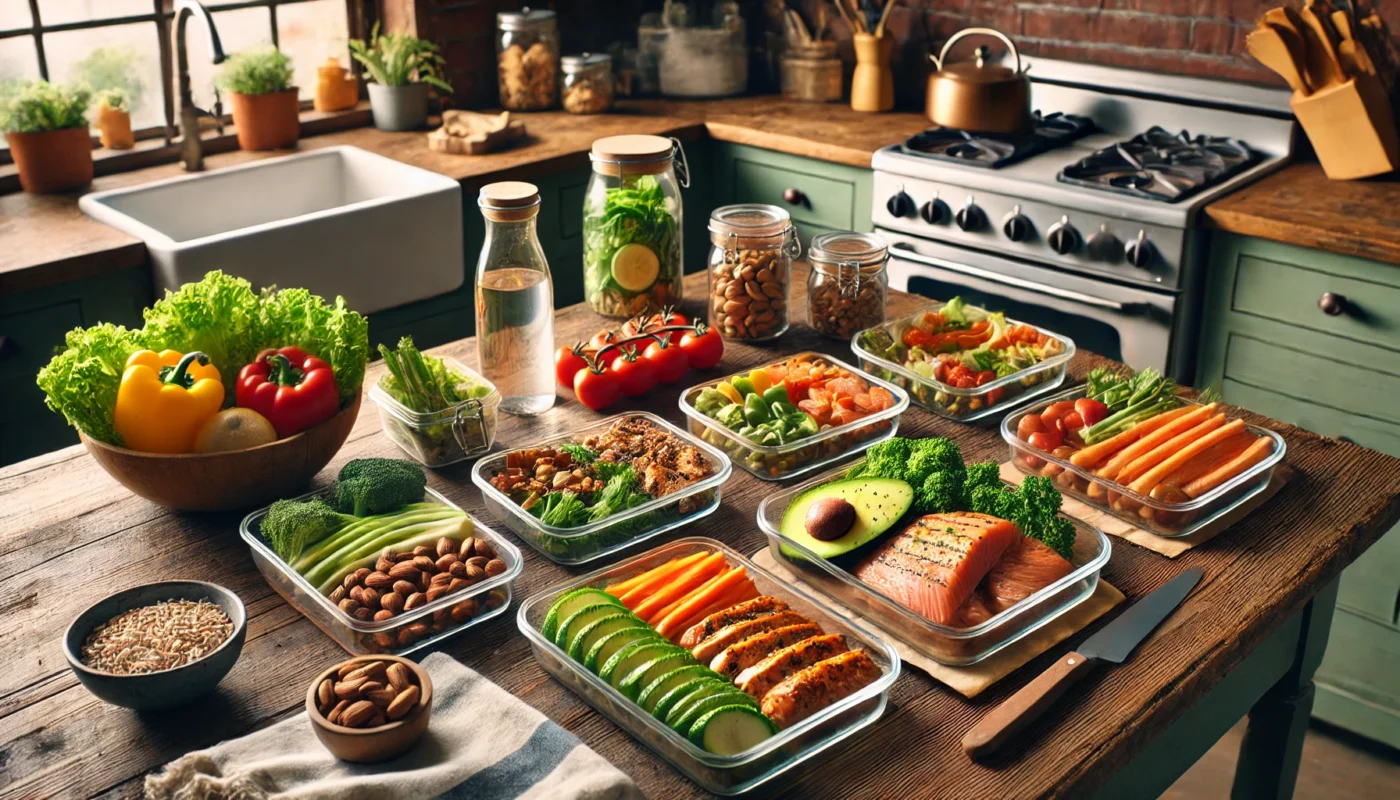 A rustic kitchen countertop with neatly arranged Paleo meal prep, featuring fresh vegetables, grilled chicken, salmon, avocados, and nuts in glass containers, ready for storage in a warm, inviting setting with natural lighting.