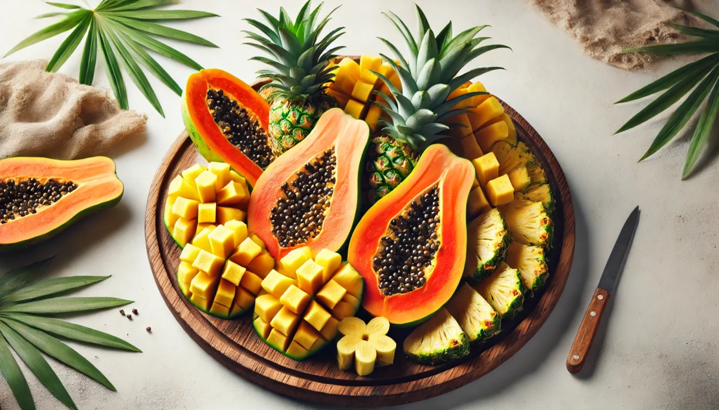 A fresh and vibrant arrangement of papaya and pineapple slices on a tropical-themed wooden platter, showcasing their natural digestive enzymes that aid in bloating relief and gut health.