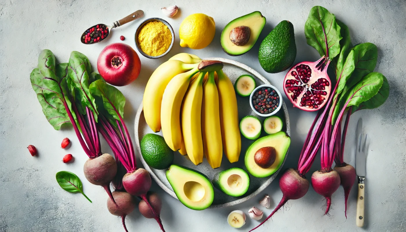 A beautifully arranged selection of potassium-rich foods, including bananas, avocados, and beets, displayed on a neutral background to highlight their nutritional benefits.