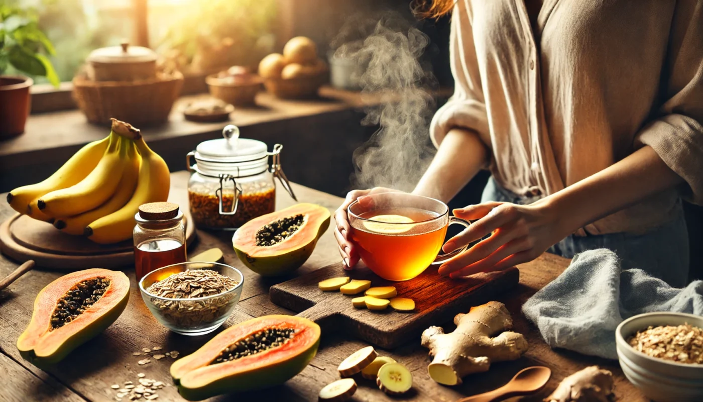 A cozy kitchen scene where a person is preparing a stomach-soothing meal. The wooden countertop is filled with fresh ingredients such as bananas, papaya, oatmeal, ginger, and a steaming cup of herbal tea. Soft natural lighting highlights the warm and wholesome atmosphere, emphasizing the benefits of home-cooked meals for digestive comfort.