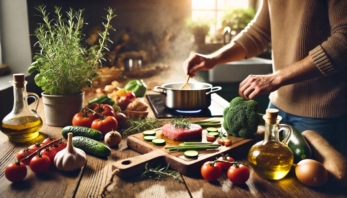 A warm and inviting kitchen scene where a person is preparing an anti-inflammatory meal. The wooden countertop is filled with fresh vegetables, lean proteins, olive oil, and herbs, while a simmering pot on the stove adds a cozy element. The soft natural lighting highlights a health-focused cooking environment, emphasizing the benefits of home-cooked, nutrient-dense meals for reducing inflammation.