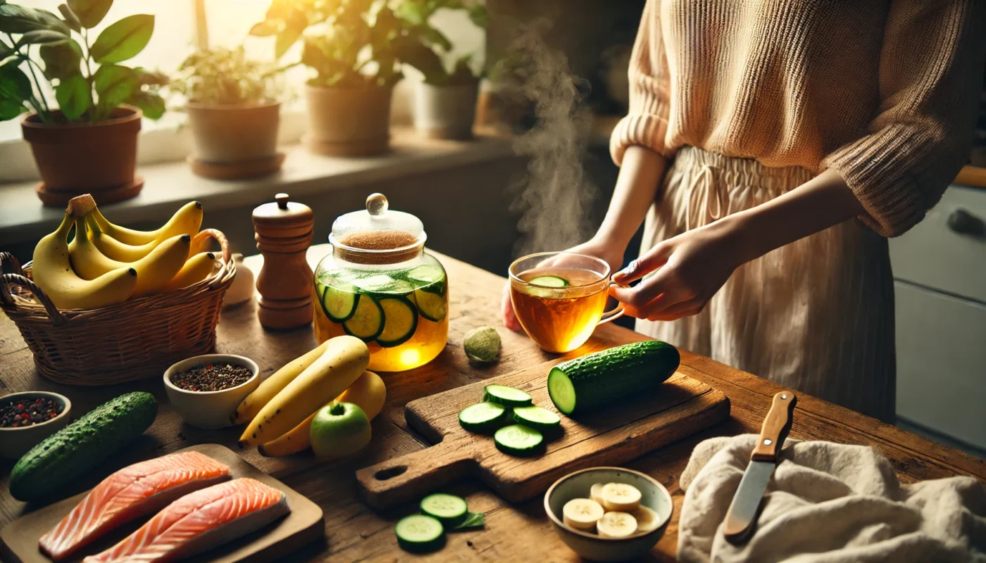 A warm and inviting kitchen scene where a person is preparing an IBD-friendly meal. The wooden countertop is filled with fresh ingredients such as peeled cucumbers, bananas, salmon, and a steaming cup of herbal tea. Soft natural lighting highlights the wholesome and health-conscious atmosphere, emphasizing the benefits of home-cooked meals for digestive health and inflammation reduction.