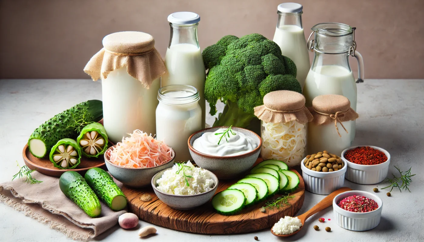 A wholesome and visually appealing arrangement of gut-friendly probiotic foods, including yogurt, kefir, and fermented vegetables, displayed on a neutral background to highlight their digestive health benefits.