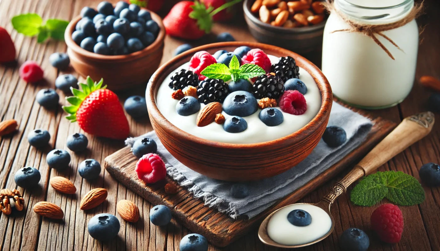 A fresh and inviting bowl of yogurt with mixed berries and nuts, placed on a wooden table, showcasing the probiotic benefits of yogurt in supporting gut health and immunity.