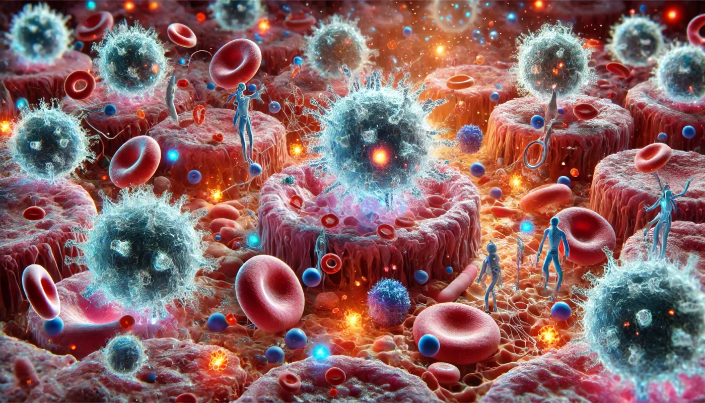 A microscopic view of immune cells releasing cytokines, illustrating the biological role of protein and inflammation in the body's defense mechanisms.