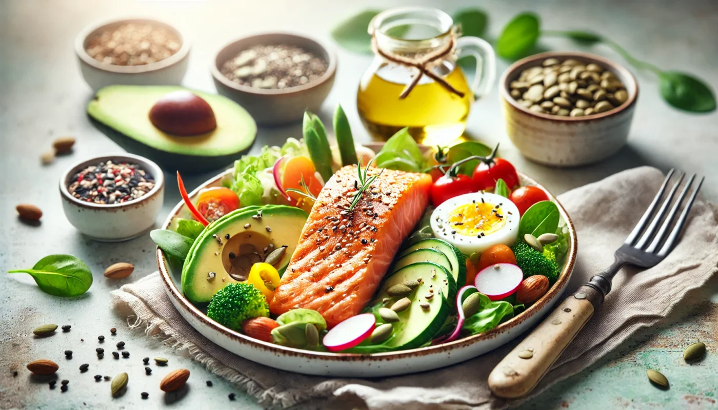 A healthy meal rich in anti-inflammatory proteins, including grilled salmon, avocado, and colorful vegetables, demonstrating the dietary connection between protein and inflammation.