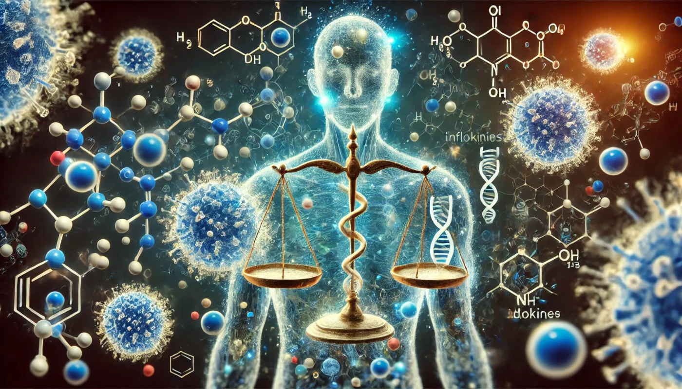 A scientific visualization of cytokine balance, showing the interplay between pro-inflammatory and anti-inflammatory proteins in managing protein and inflammation.