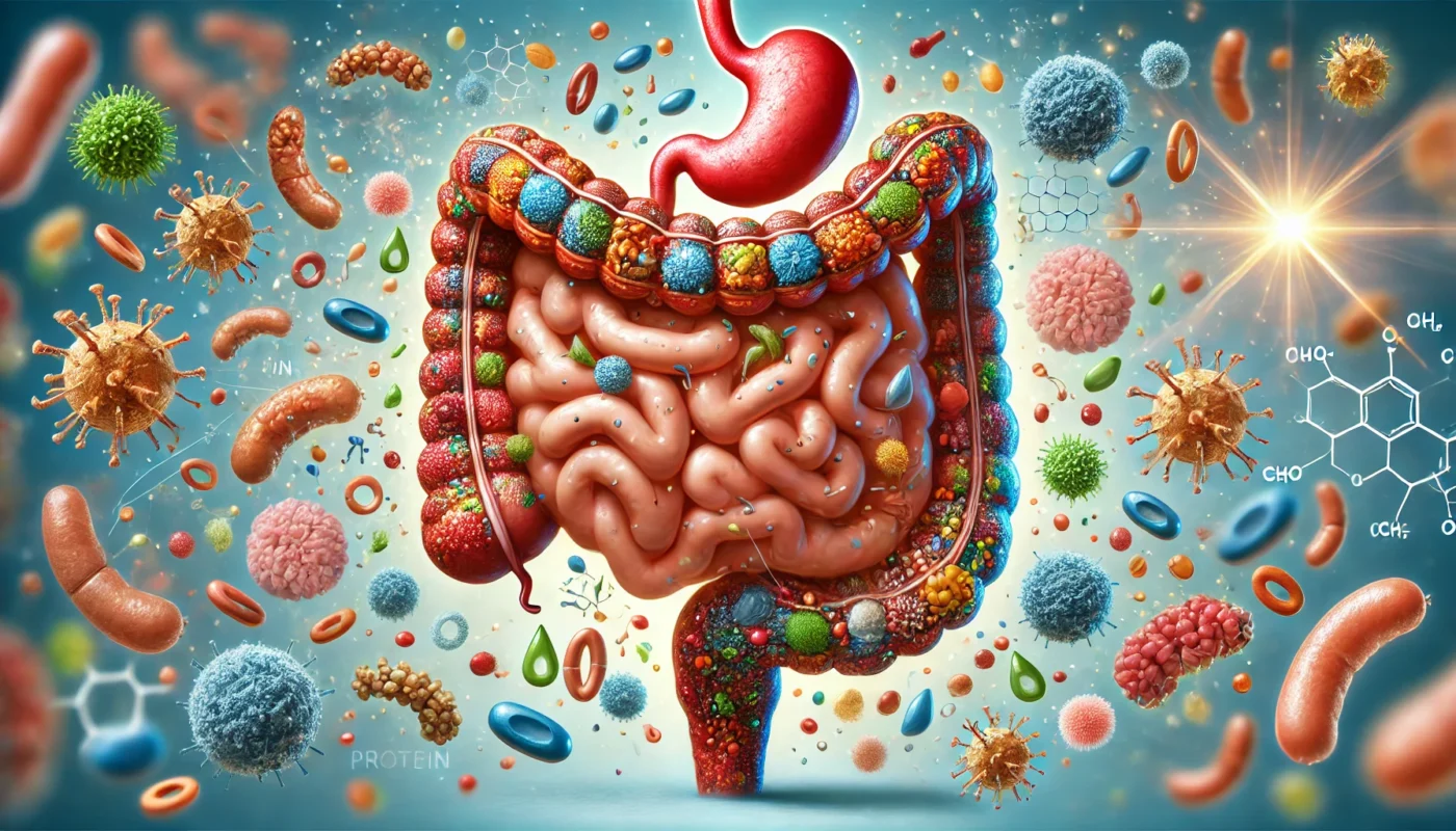 A cross-section of the human gut microbiome, highlighting the interaction of dietary protein, gut bacteria, and immune cells in protein and inflammation management.