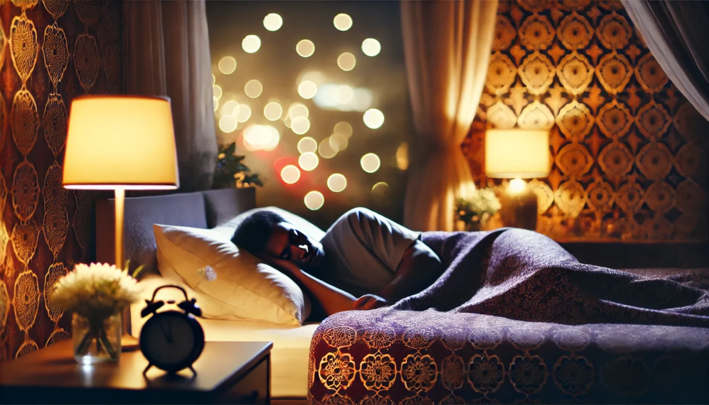 A calming nighttime scene of a person peacefully sleeping in a cozy bedroom with soft lighting, emphasizing the importance of quality sleep for immune health and overall well-being.