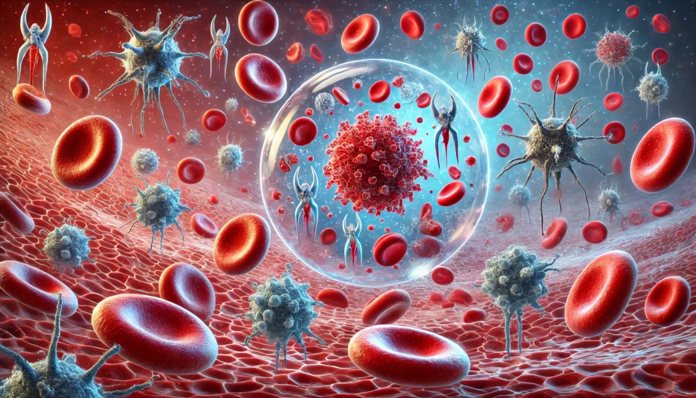 A medical illustration depicting the destruction of red blood cells in the bloodstream, showing immune system antibodies attacking the cells, leading to hemolysis. The background represents a magnified view of blood flow.