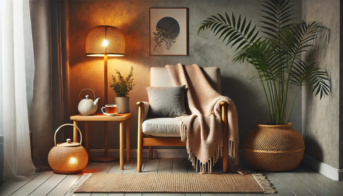 A cozy relaxation corner featuring a comfortable armchair with a soft throw blanket, a warm-lit lamp, and a small table with a cup of herbal tea. The setting radiates calmness, self-care, and relaxation, ideal for managing autoimmune fatigue.