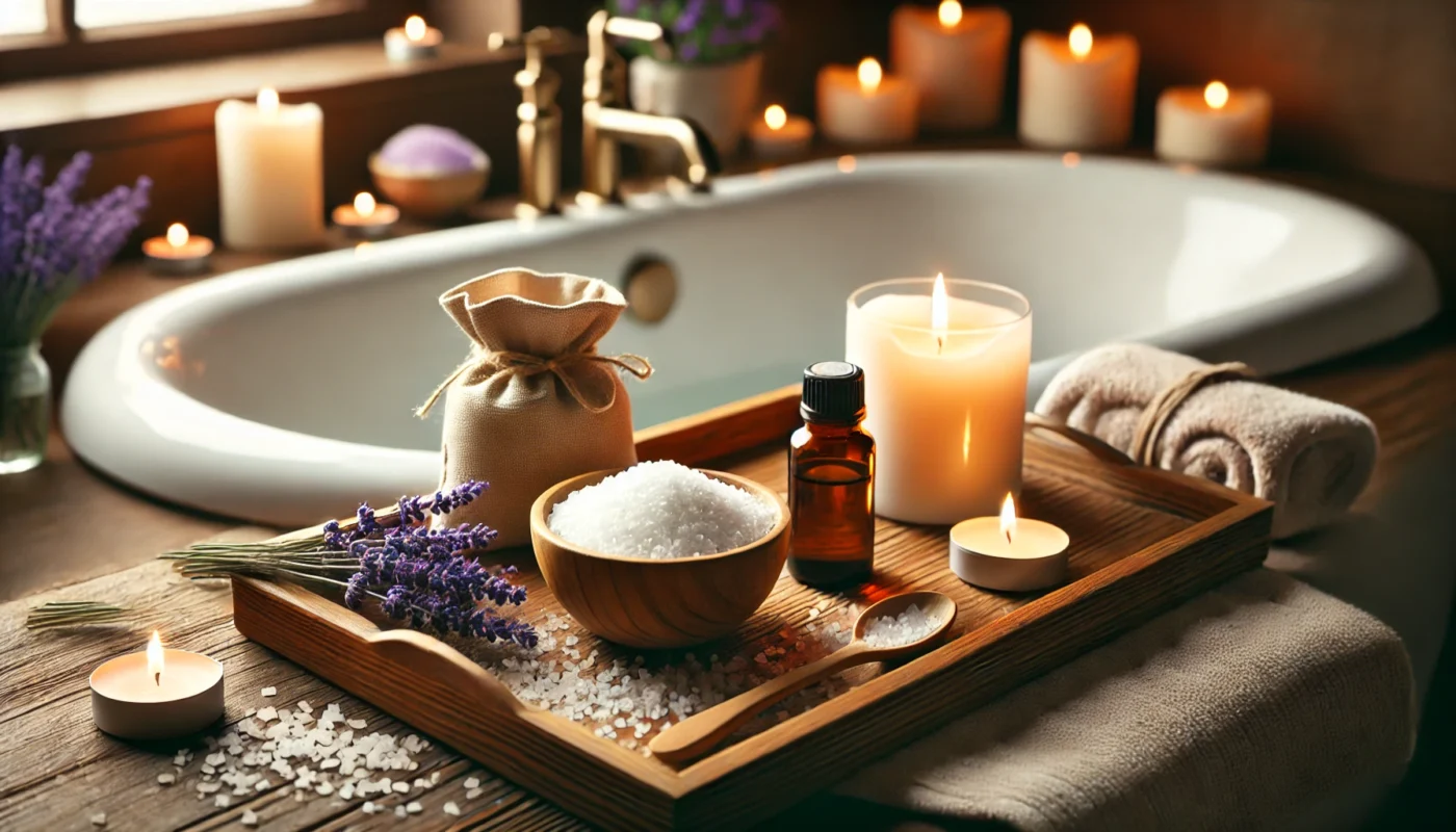 A serene bath scene featuring a wooden tray with Epsom salt, lavender essential oil, and a lit candle next to a warm bathtub, showcasing the therapeutic benefits of muscle relaxation.