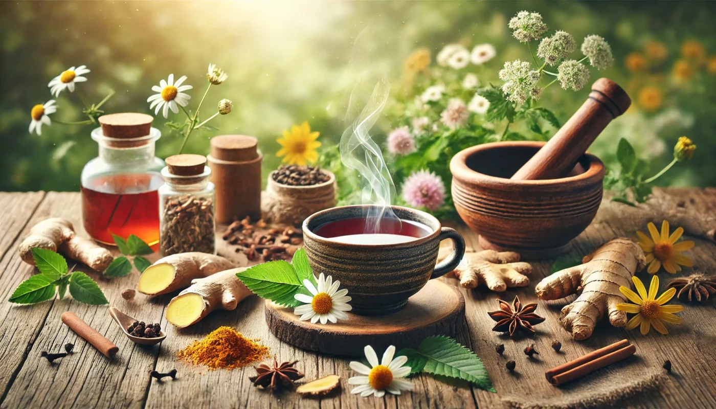 A wooden table filled with natural pain relief remedies like turmeric, ginger, cloves, and chamomile flowers. A steaming herbal tea sits in a rustic cup, surrounded by fresh herbs and a mortar and pestle, with a soft, nature-inspired background.